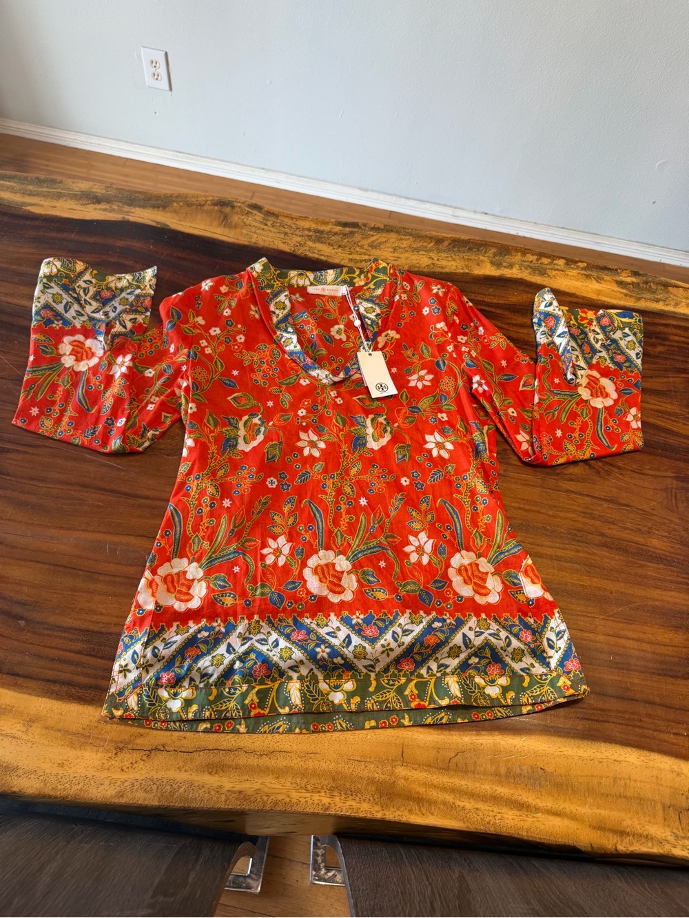 Tory Burch Red Floral V-Neck Blouse with Contrast Border